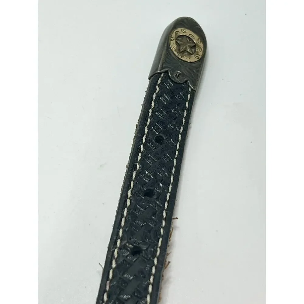 NOCONA 34” Concho Belt Silver 14K Gold Fill on Hand Tooled Leather Belt VTG READ